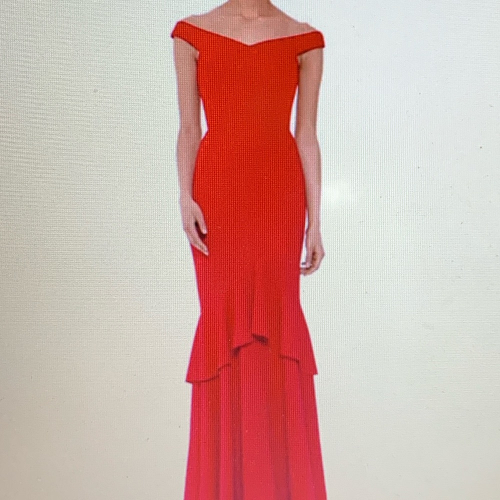 Betsy & Adam Scarlet Off-Shoulder Prom Dress